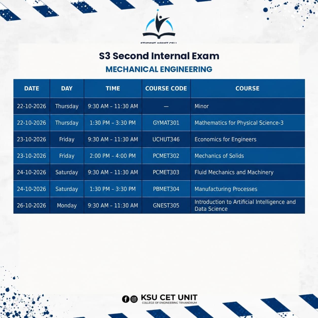 Mechanical Engineering (ME) — KTU S3 Timetable