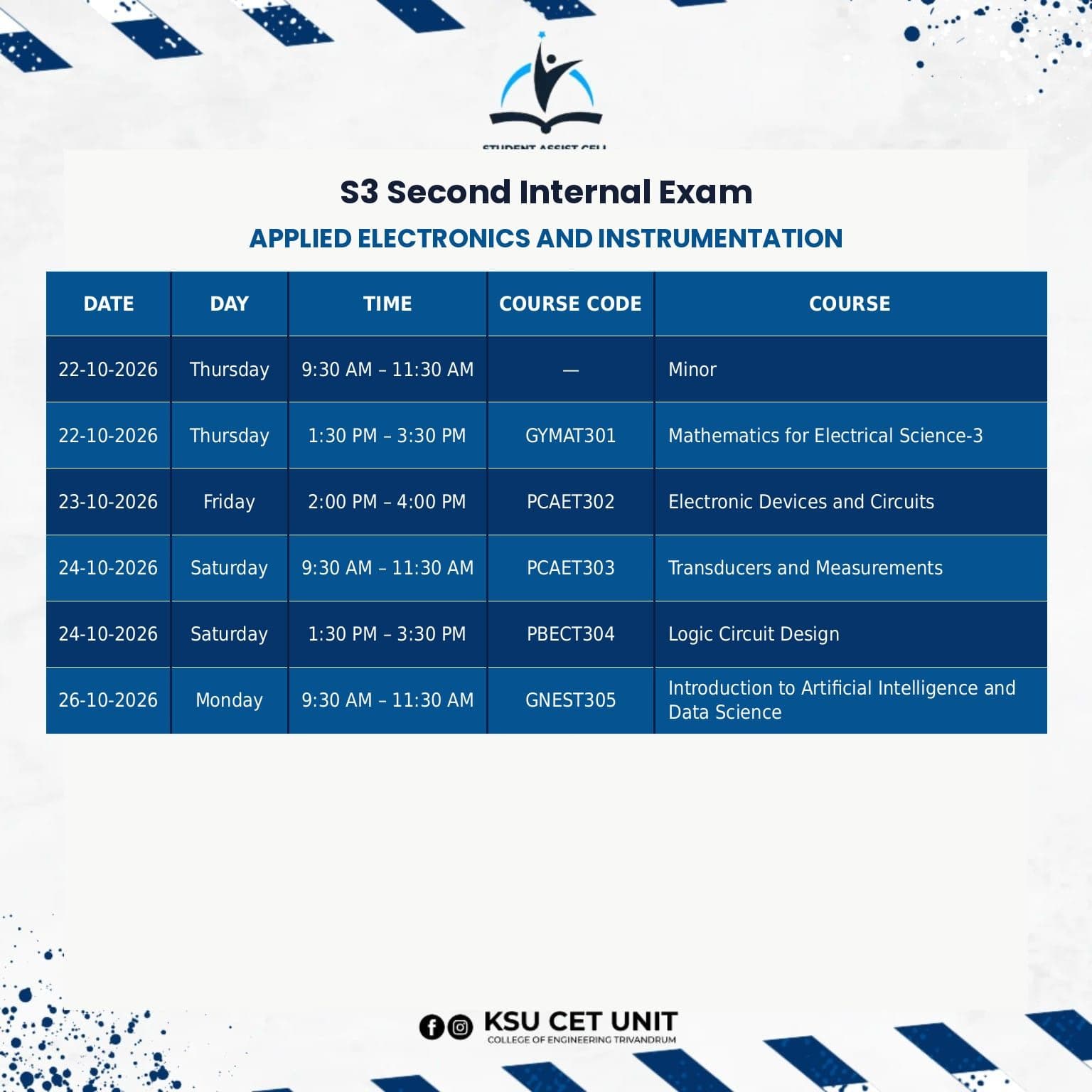 Applied Electronics & Instrumentation (AEI) — KTU S3 Timetable